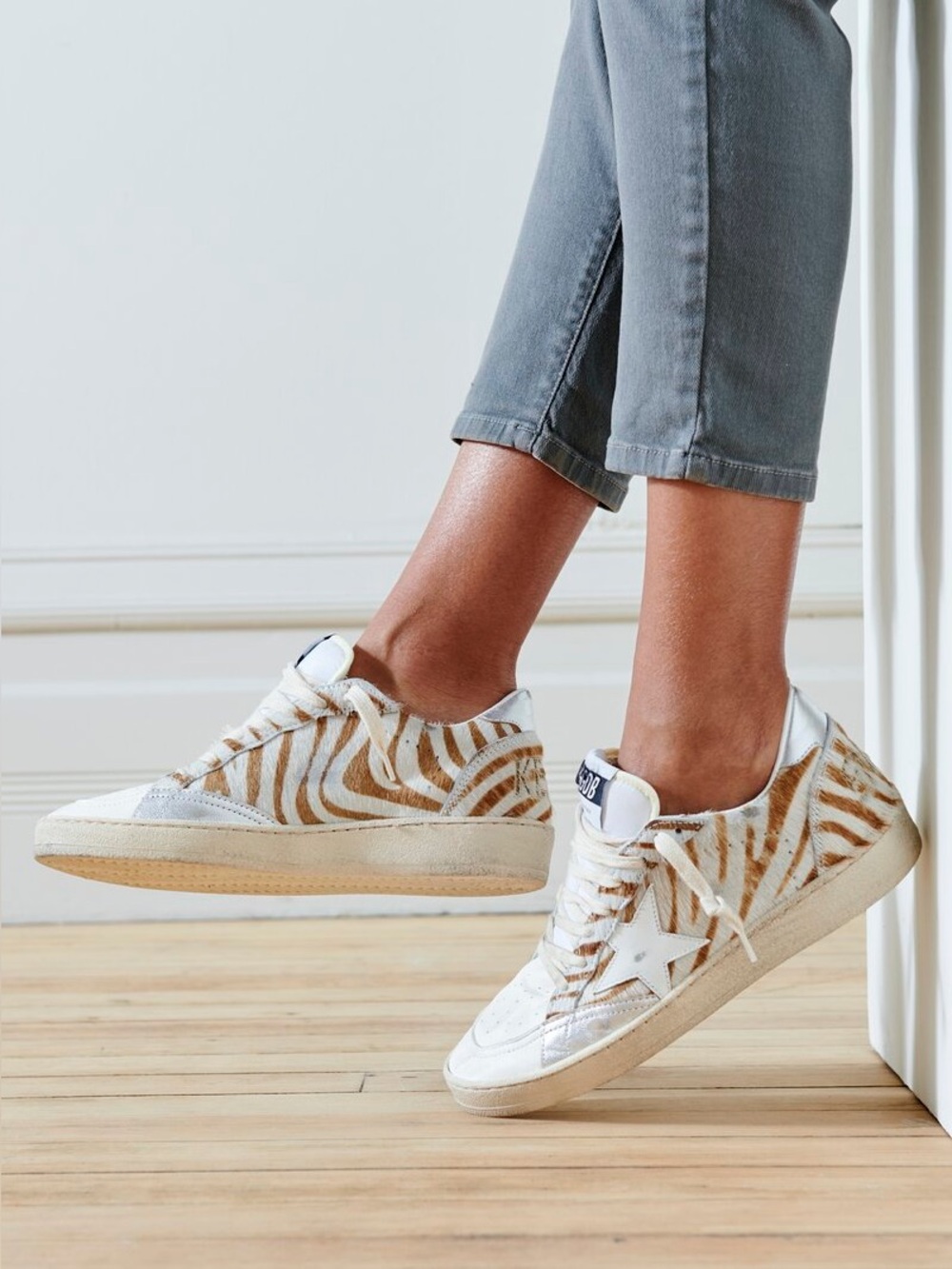 Golden Goose Ballstar Zebra Horsy Star Sneaker in Beige White